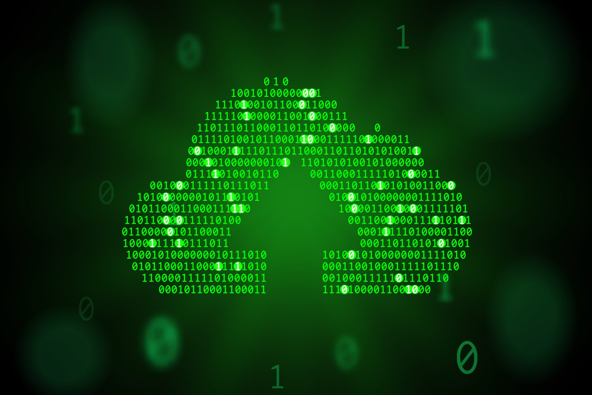 
                glowing green zeros and ones in the shape of a cloud with an inset upward-pointing arrow
              