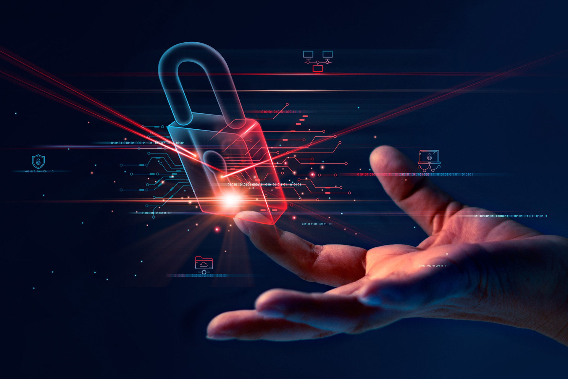 
                a hand reaching for a digitally rendered padlock surrounded by fragments of binary code and circuit board diagrams, representing the idea of digital inclusivity
              