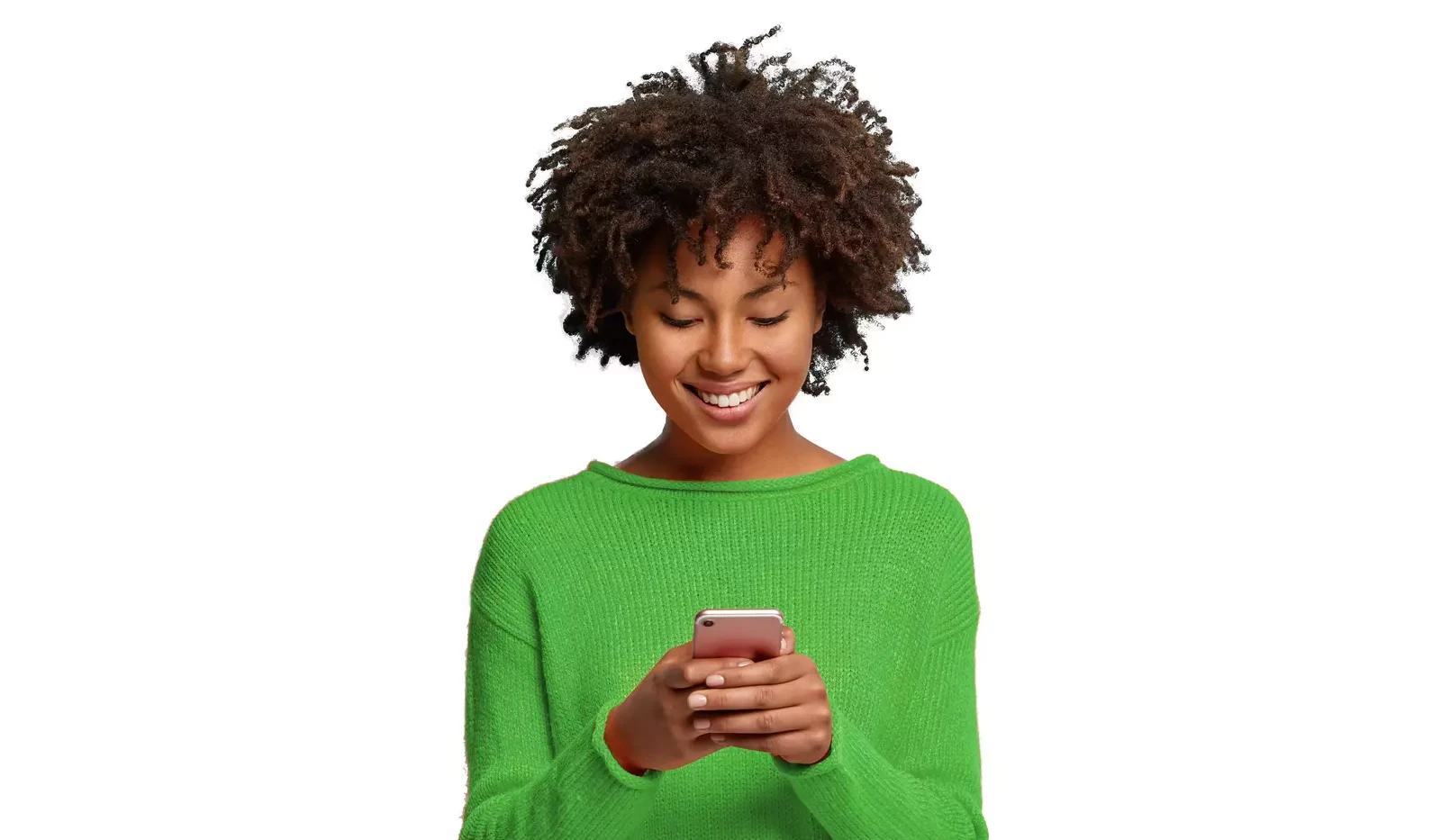 
                a lady in a green jumper smiling and reading from a smartphone
              