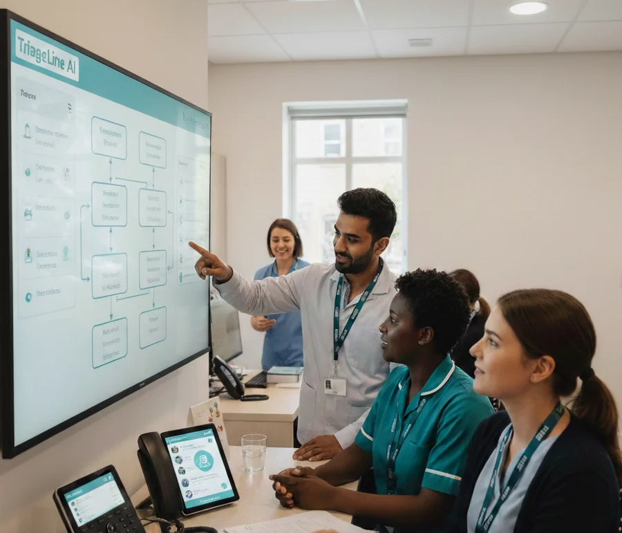 
                A multidisciplinary primary care team gathered around a desk, watching a colleague point to a TriageLine AI workflow diagram displayed on a wall-mounted screen.
              