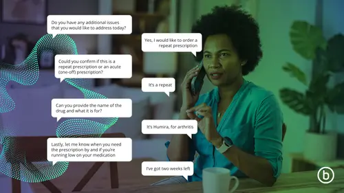 
                      A patient speaks on the phone while a series of chat bubbles illustrate a conversation with TriageLine AI, gathering details about a repeat prescription request.
                    