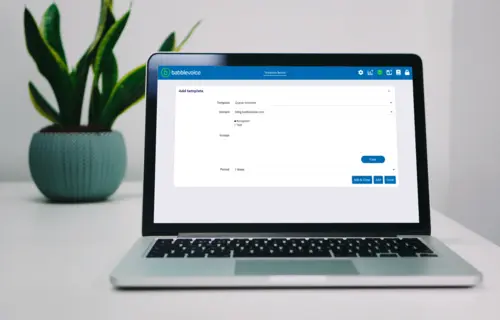 
                      The Add template dialog in babblevoice Vibes, showing the template, domain, groups and period options
                    